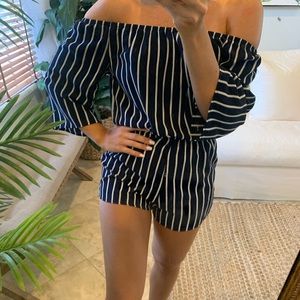 Navy & White striped shorts romper